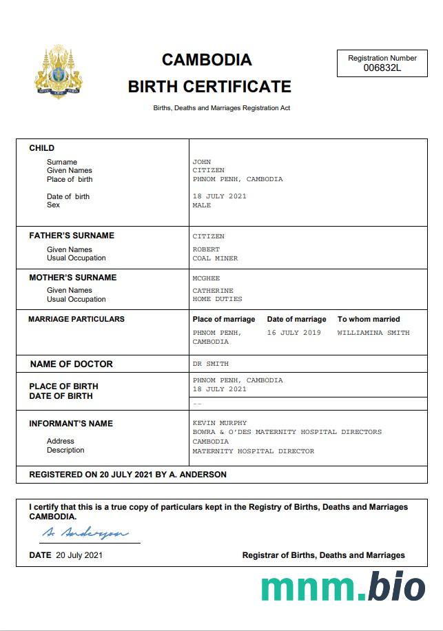 Cambodia narodziny certyfikat Word i PDF szablon